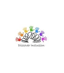 Discover inclusion logo, 7 hands each the colour of the rainbow over a slinky toy