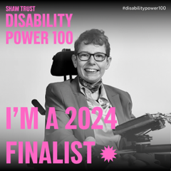 Pink words over a balck and white photo of Beth Moulam. Shaw Trust Disability Power 100. I'm a 2024 finalist